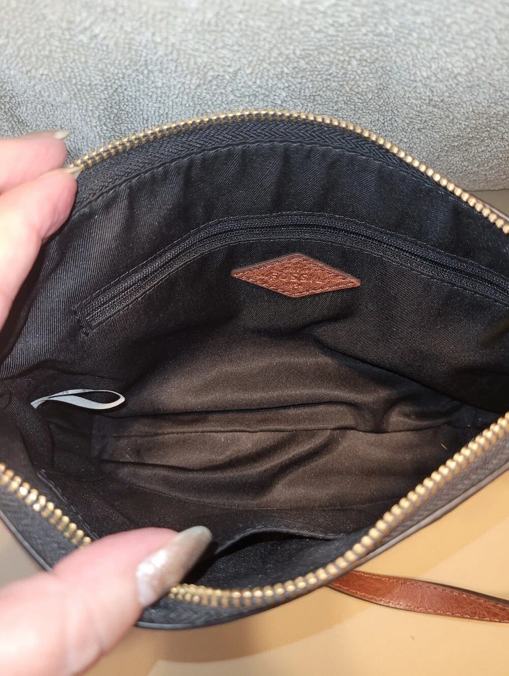 Fossil Black & White Patterned Crossbody with Brown Strap.